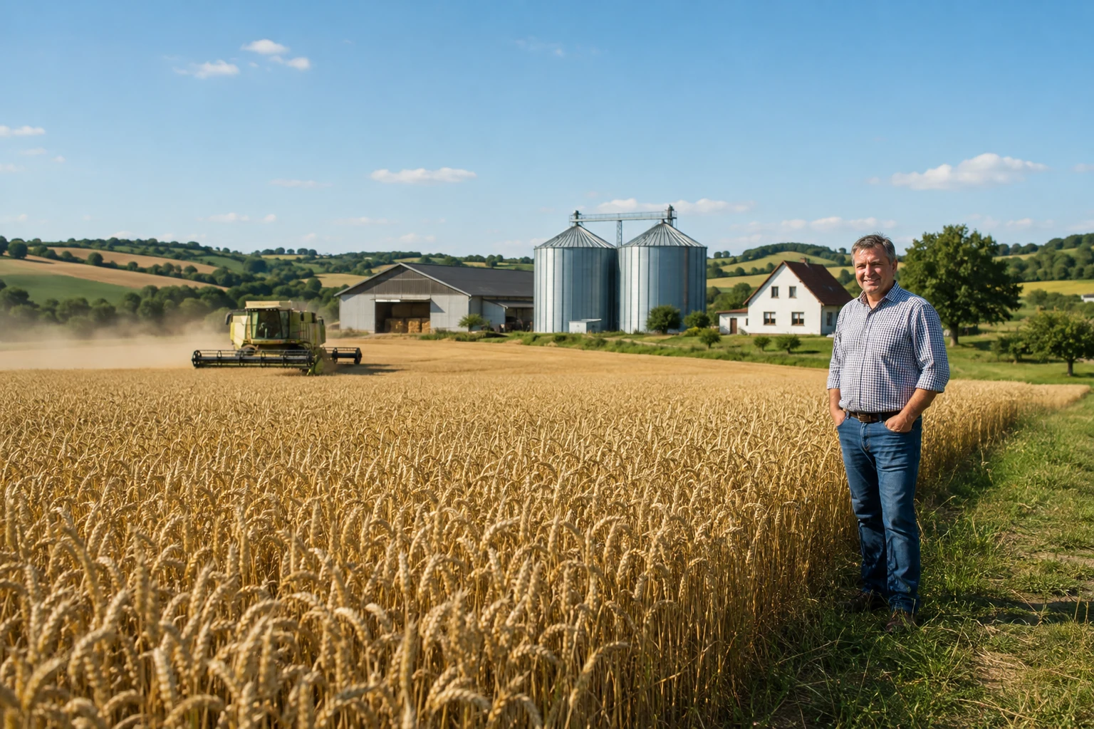 Österreichischer Weizenacker mit Ackerbaubetrieb, Lagerhalle und Getreidesilos