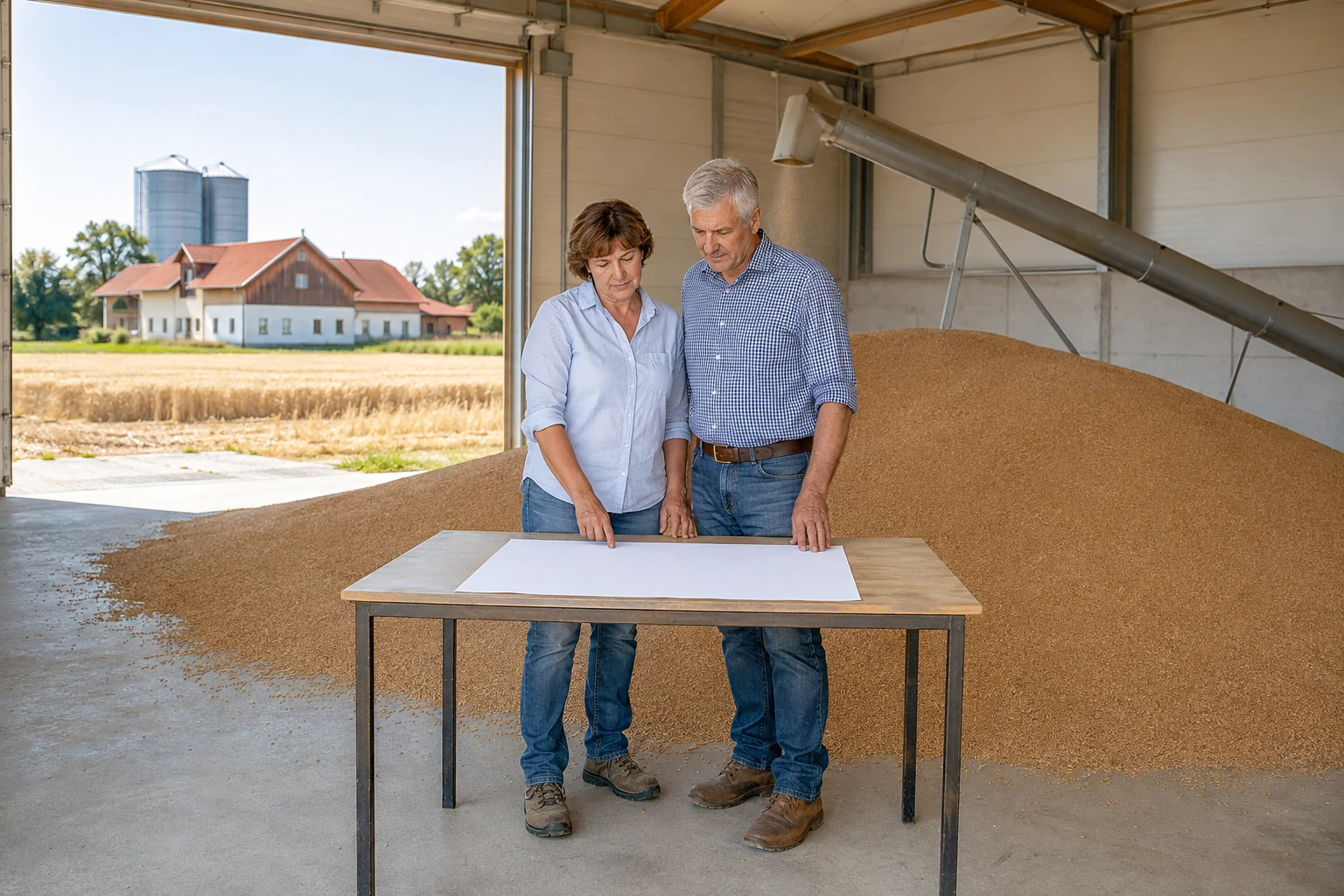 Eigentümerpaar in der Getreidelagerhalle eines österreichischen Weizenbetriebs